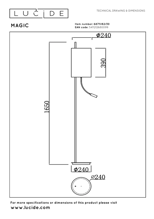 Lucide MAGIC - Vloerlamp - Ø 24 cm - 1xE27 - Zwart - technisch